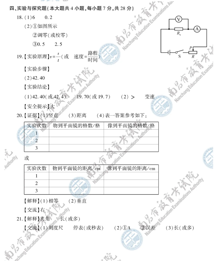 速看!2024年江西省物理中考试题参考答案一览